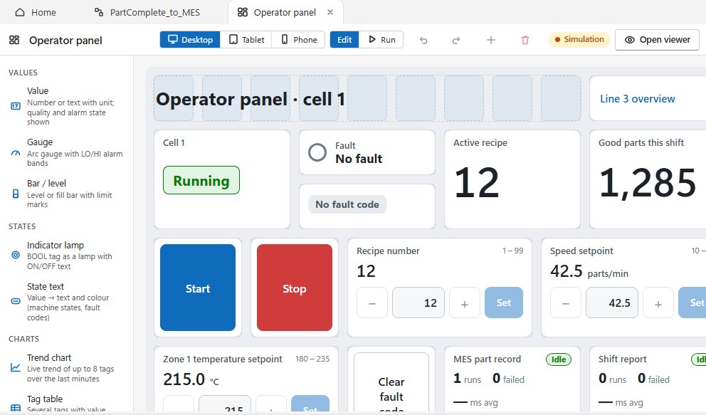 The dashboard designer in AIS Edge Studio: an operator panel with run state, recipe, good parts, start and stop buttons and setpoints